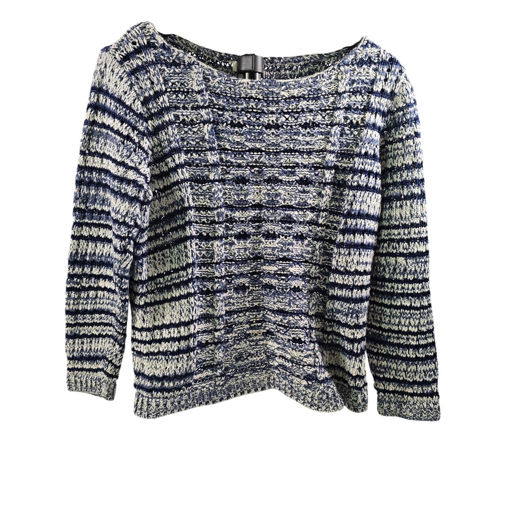 Chicos Blue White Striped Cable Knit Sweater Womens Size 2 Large Cotton Blend